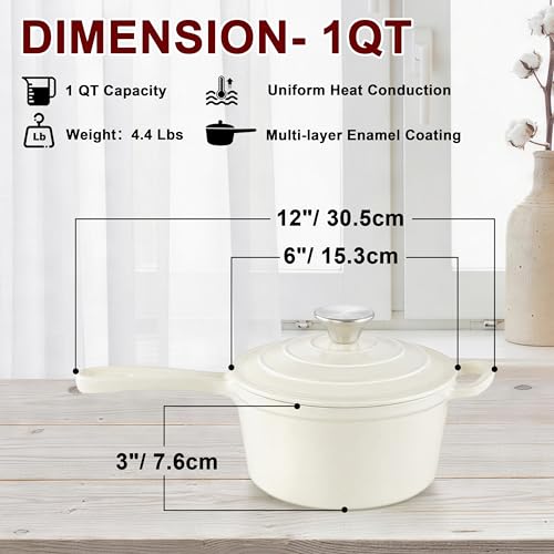 1Qt Enameled Cast Iron Sauce Pan, Leonyo Dutch Oven Pot with Lid, Non Stick Cooking Simmer Pots Induction Kitchen Cookware for All Cooktops Baking Bread, Soup, Ramen - Up to 500°F, Cream White
