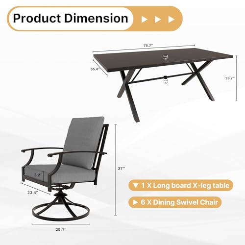 Gotland 7 Piece Outdoor Dining Set, Metal Outdoor Table and Swivel Chairs with X-Shaped Legs 1.5" Umbrella Hole, Patio Furniture Set with Waterproof Cushions, Patio Dining Sets for Backyard Deck Gray