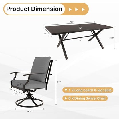 Gotland 7 Piece Outdoor Dining Set, Metal Outdoor Table and Swivel Chairs with X-Shaped Legs 1.5" Umbrella Hole, Patio Furniture Set with Waterproof Cushions, Patio Dining Sets for Backyard Deck Gray