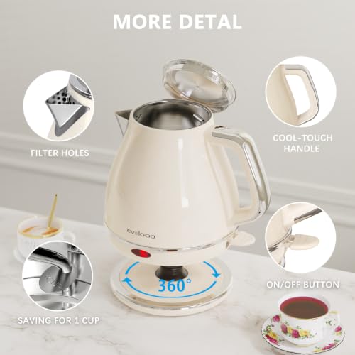 Evoloop Electric Tea Kettle, 1500W /1.0L Hot Water Boiler Heater Pot, Retro Small Electric Kettle, 100% Stainless Steel BPA Free Electric Teapot, Auto Shut-Off & Boil-Dry Protection（Beige）