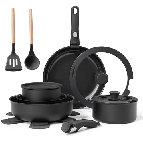 Bazova Ceramic Nonstick Cookware Set, Healthy,Non Toxic,17-Pieces Pots and Pans Set Removable Handles,Induction RV Kitchen Set,Stain & Scratch-resistant,Dishwasher/Oven Safe,PFAS/PFOA Free,Black