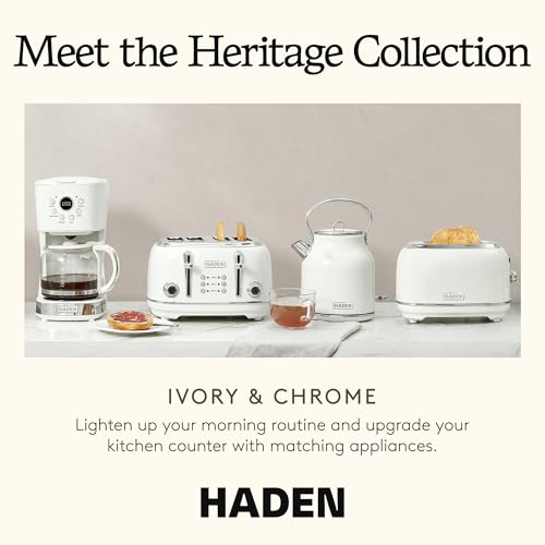 Haden Heritage 2-Slice Wide-Slot Toaster, Stainless-Steel Bread Toaster with Adjustable Browning Control, Non-Slip Feet & Crumb Tray, Ivory & Chrome