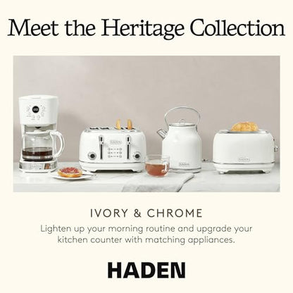 Haden Heritage 2-Slice Wide-Slot Toaster, Stainless-Steel Bread Toaster with Adjustable Browning Control, Non-Slip Feet & Crumb Tray, Ivory & Chrome