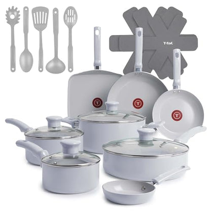T-Fal Refresh Ceramic Nonstick Cookware Set, 20-Piece, Oven Safe to 350°F, Includes Stockpot, Griddle, Frying Pans, Utensils, Ceramic Pots and Pans Set, Blue