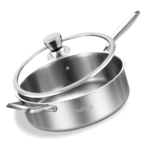 Toutrop Tri-Ply Stainless Steel 8 Quarts Sauté Pan with Lid,13 Inch Induction Deep Frying Pan,Large Skillet, Dishwasher And Oven Safe,Detachable Handle