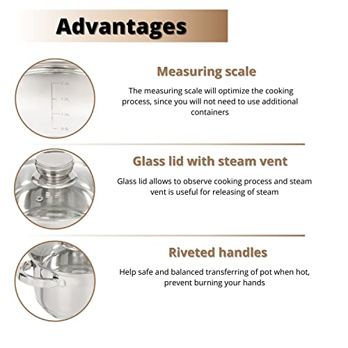 Daniks Standard 10 Quart Stainless Steel Stock Pot with Glass Lid, Tri-Ply Bottom for Even Heating, Induction Compatible, Dishwasher Safe, Built-In Measuring Scale, Silver