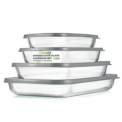NutriChef 8-Piece Deep Glass Baking Dish for Oven with Lids - Casserole Dishes for Oven - Bakeware Sets for Lasagna, Meatloaf, Leftovers, Cooking, & Dishwasher Safe -Gray