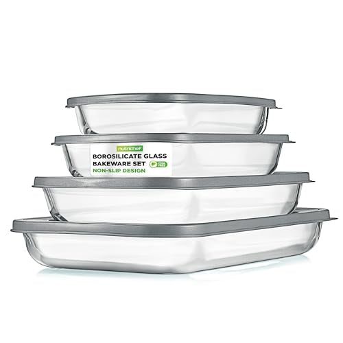 NutriChef 8-Piece Deep Glass Baking Dish for Oven with Lids - Casserole Dishes for Oven - Bakeware Sets for Lasagna, Meatloaf, Leftovers, Cooking, & Dishwasher Safe -Gray