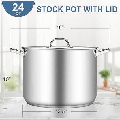 TeamFar Stainless Steel Stock Pot, 24QT Large Stockpot Tri-ply Bottom Cooking Soup Pot with Glass Lid, for Induction Gas Glass Stovetops, Non Toxic & Heavy Duty, Large Size & Easy Clean