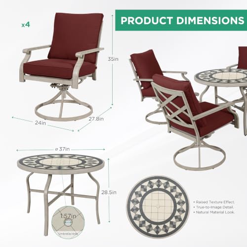 AE Outdoor 5-Piece Patio Dining Set, 4 Swivel Chairs with Removable Thickened Cushions & a 3D Textured Table with Umbrella Hole, All-Weather Furniture for Backyard, Garden, Lawn, Red