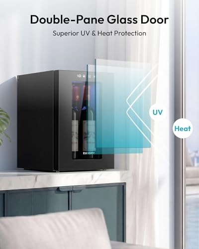 EUHOMY 18L Freestanding Counter-top Wine Fridge Mini Fridge, 4 Bottle and 6 Can Wine Cooler for Red White Wine, Wine Cellar with LED Digital Temperature Display Quiet, Black