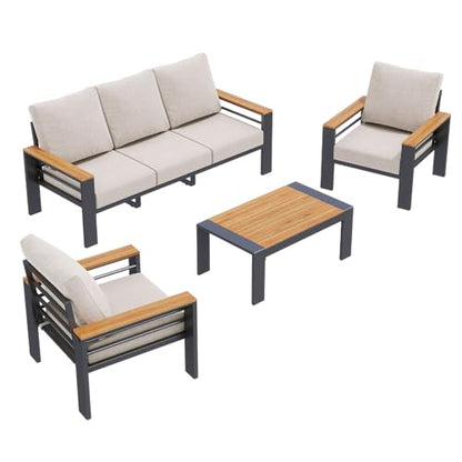 Aoxun Aluminum Outdoor Patio Furniture Set, 5 Seats Outdoor Sectional with Coffee Table, Patio Conversation Sets with Upgraded Armrests and Cushions for Backyard, Garden and Poolside（Grey）
