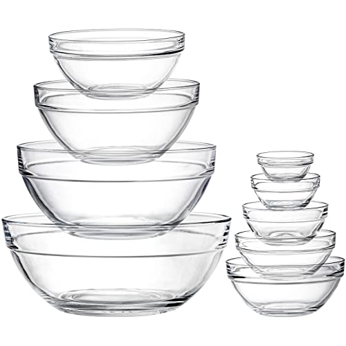 Lawei Set of 9 Glass Mixing Bowls - Glass Nesting Bowls Prep Bowl Clear Salad Bowls for Kitchen Prep Salad, Cereal, Ice Cream, Pasta, Fruits