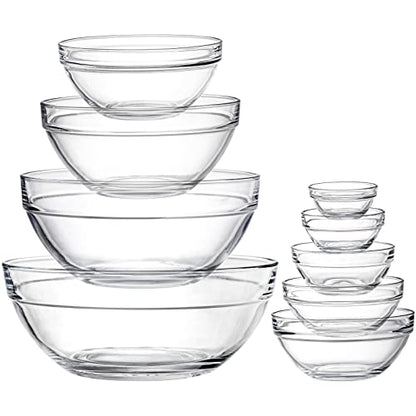Lawei Set of 9 Glass Mixing Bowls - Glass Nesting Bowls Prep Bowl Clear Salad Bowls for Kitchen Prep Salad, Cereal, Ice Cream, Pasta, Fruits