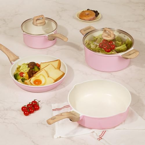 CAROTE Ceramic Cookware Set, 14 PCS Pots and Pans Set Non Stick, Pot and Pan Set with Frying pan, Induction Ready Cooking Set for Kitchen, PFOS/PFOA/PFAS Free, Pink