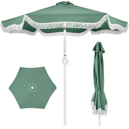 Best Choice Products 9ft Fringe Market Patio Umbrella – Outdoor Boho Tassel Sunshade for Table, Pool, Deck, Backyard – UPF50+, Easy Tilt, Heavy Duty Steel Pole & Ribs - Seaglass