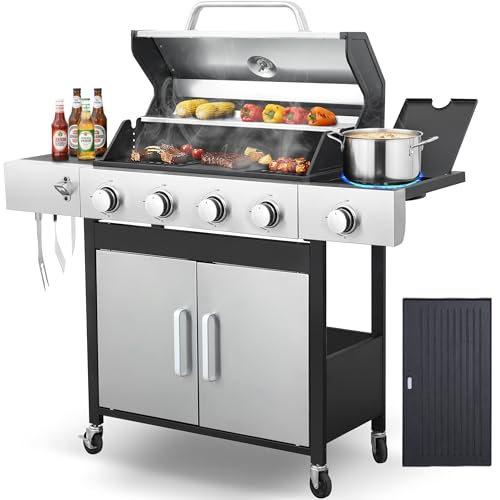 IdeaMaxx Propane Gas Grill 4 Burner, 49,000 BTU Outdoor BBQ Grill with Side Burner, Porcelain Cast Iron Grates & Stainless Steel, Fast Heating for Backyard, Camping, Tailgating