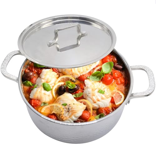 Vivicreate Tri Ply Stainless Steel Stock Pot with Lid 5 Quart Hammered Stockpot Induction Cooking Pot Soup Pot Compatible with All Stovetops (5QT)