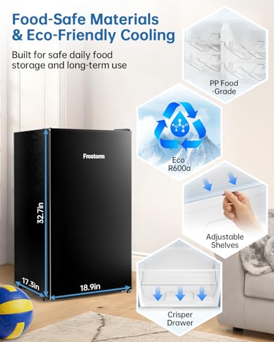 Frostorm 3.2 Cu Ft Mini Fridge with Freezer - Energy Efficient, Large Capacity Single Door Upright Freezer for Bedroom, Office & Dorm | Small Fridge, Reversible Door, ETL Certified(Black)