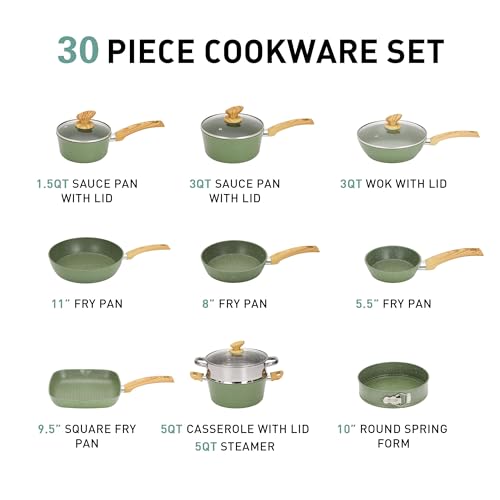 MAISON ARTS 30 Piece Pots and Pans Set Non Stick, Kitchen Cookware & Bakeware Sets with Nonstick Granite Coating, Baking Tray, Frying Pan and Saucepan, Green