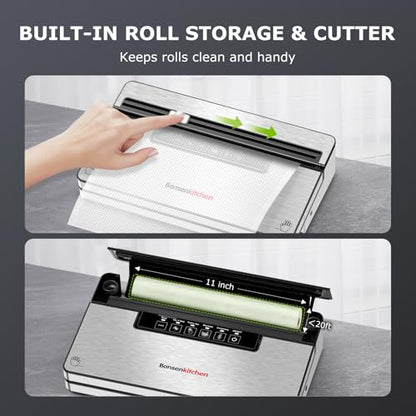 Bonsenkitchen Vacuum Sealer Machine with 1 Roll & 5 Airtight Bags, 5 Vacuum Modes, 80 kPa Powerful Suction, Built-in Cutter & Bag Storage – Silver
