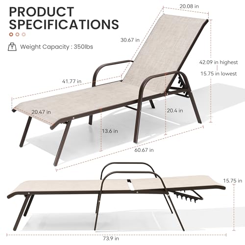 Chaise Lounge Chair Outdoor, Pool Chairs Set of 2 with Armrests (Beige)