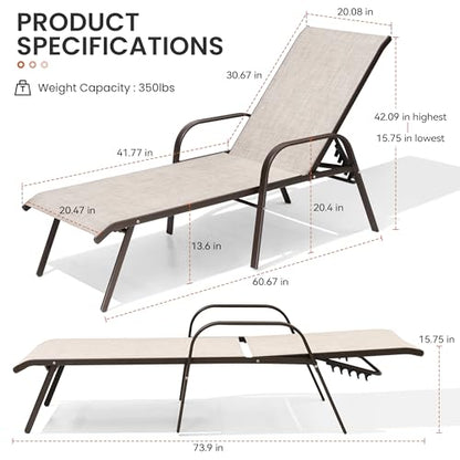 Chaise Lounge Chair Outdoor, Pool Chairs Set of 2 with Armrests (Beige)