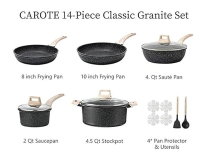 CAROTE 14Pcs Pots and Pans Set Non Stick, Cookware Sets Induction Cookware Granite Cooking Set with Frying Pans, Saucepans, Saute Pan, Extra Large Casserole