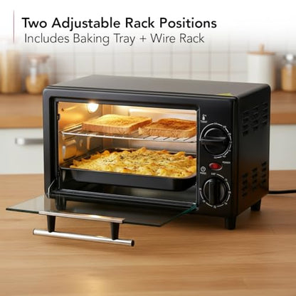 OVENTE 8L Countertop Toaster Oven with 60-Minute Timer, Adjustable Temperature Control, Easy-to-Clean Baking Pan, 750W Compact Mini for Pizza, Toast, Bake, and Broil, Black TO2808B