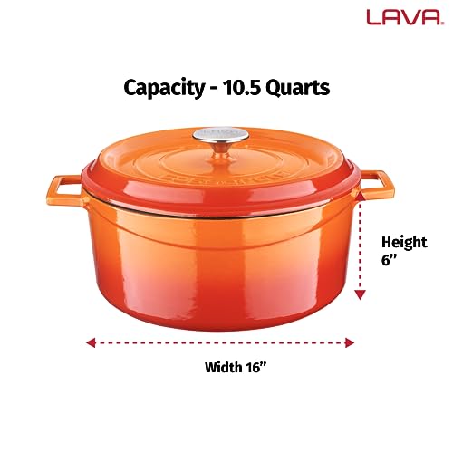 LAVA 10 Quarts Cast Iron Dutch Oven: Multipurpose Stylish Round Shape Dutch Oven Pot with Three Layers of Enamel Coated with Trendy Lid (Orange)
