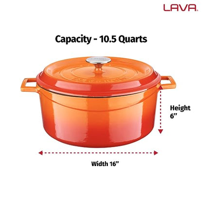 LAVA 10 Quarts Cast Iron Dutch Oven: Multipurpose Stylish Round Shape Dutch Oven Pot with Three Layers of Enamel Coated with Trendy Lid (Orange)
