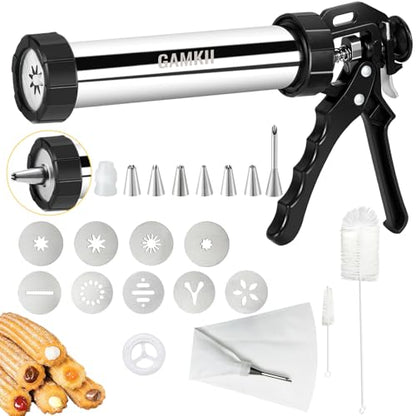 GAMKII Churro Maker Machine Stailness Steel Churrro Gun Kit with 4 Discs for Hollow Churro,5 Cookies Discs, 6 Icing Piping Nozzle, Piping Bag, 2 Clean Brushes for Cake Dessert DIY Maker Cookie Press