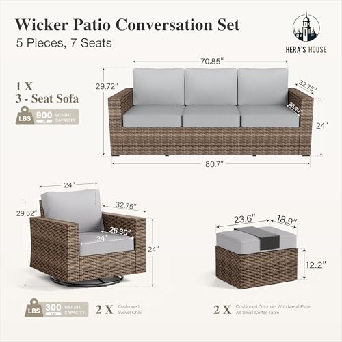 HERA'S HOUSE Swivel Glide Patio Furniture Set with 4.92" Widened Armrest Chairs, Outdoor Conversation Set, 5 Pieces Deep Seating Yellow Rattan Sofa with 5.5" Gray Cushions for Deck Garden Yard
