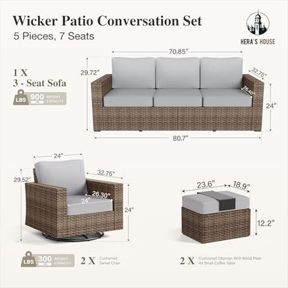 HERA'S HOUSE Swivel Glide Patio Furniture Set with 4.92" Widened Armrest Chairs, Outdoor Conversation Set, 5 Pieces Deep Seating Yellow Rattan Sofa with 5.5" Gray Cushions for Deck Garden Yard