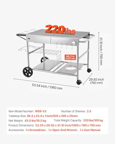 VEVOR Outdoor Grill Cart, 36.4 x 23.4 x 1 inch Tabletop Size Grilling Table, Movable Outdoor Cooking Table with 4 Spice Containers, Wheels, Lids, Hooks, BBQ Prep Tables for Picnic, Kitchen, Courtyard