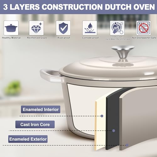 TeamFar Dutch Oven, 6QT Enameled Cast Iron Dutch Oven Cooking Pot with Lid & Dual Handles, for Bread Baking Braising Stewing, Heavy Duty & Non Stick, Oven & All Stovetops Safe - Khaki