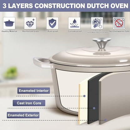 TeamFar Dutch Oven, 6QT Enameled Cast Iron Dutch Oven Cooking Pot with Lid & Dual Handles, for Bread Baking Braising Stewing, Heavy Duty & Non Stick, Oven & All Stovetops Safe - Khaki