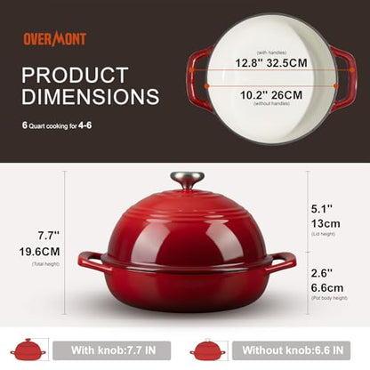 Overmont Enameled Cast Iron Bread Oven - 6QT Bread Dutch Oven for Sourdough Baking - Bread Pot with Dome Lid Cotton Potholders & Cookbook - Multi-Functional Bread Pan For Baking Frying Roasting