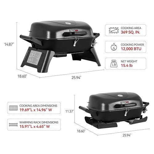 Royal Gourmet GT2006 Portable Tabletop Gas Grill, 12,000 BTU Output for Outdoor Camping, Foldable Legs, Piezo Ignition, Built-in Thermometer, for Tailgates and Camping Trips, Dark Gray