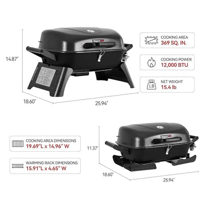 Royal Gourmet GT2006 Portable Tabletop Gas Grill, 12,000 BTU Output for Outdoor Camping, Foldable Legs, Piezo Ignition, Built-in Thermometer, for Tailgates and Camping Trips, Dark Gray