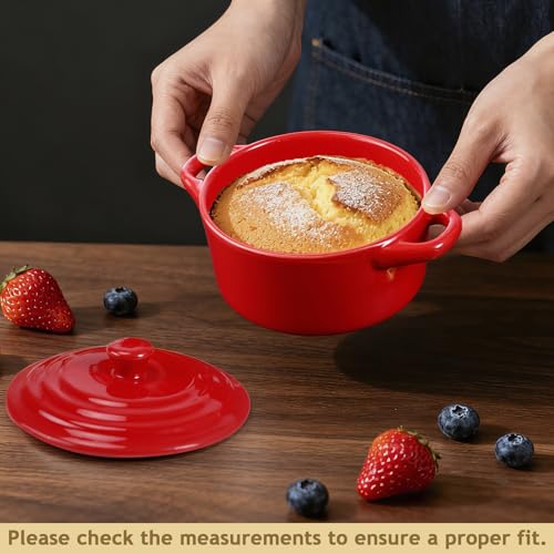 Gabotrie 4 Pcs Mini Cocotte Set, 16Oz Small Ceramic Casserole with Lids, Durable Soup Pot with Handle, Individual Baking Ramekins, Microwave, Oven & Dishwasher Safe, Red
