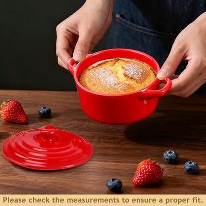 Gabotrie 4 Pcs Mini Cocotte Set, 16Oz Small Ceramic Casserole with Lids, Durable Soup Pot with Handle, Individual Baking Ramekins, Microwave, Oven & Dishwasher Safe, Red