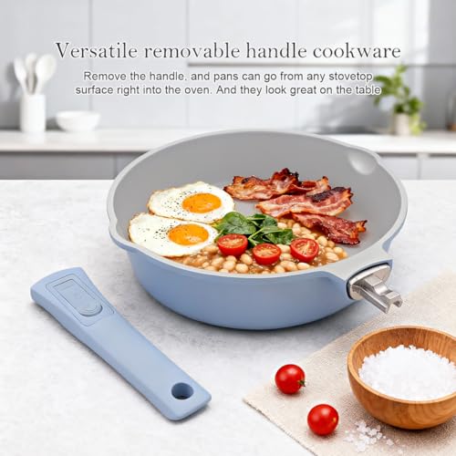 AIKENBBKK 10 Inch Non Stick Ceramic Frying Pans with Lid, 4 QT Nonstick Deep Frying Pan Skillet, Saute Pan with Detachable Handle, Compatible with All Stoves, Oven Safe, PTFE & PFAS-Free, Blue