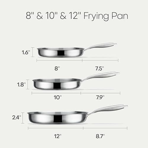 CAROTE 3-Piece Tri-Ply Stainless Steel Frying Pan Set, Skillet Set 8"/10"/12", Induction Compatible, Oven & Dishwasher Safe, Silver Handle