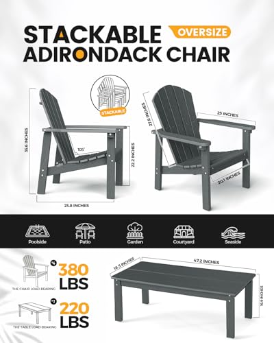 nevilywood Stackable Adirondack Set, 4 Chair with Table, Patio Set, Grey