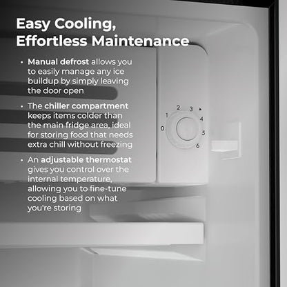 Kenmore 18" Compact Refrigerator with Chiller Compartment - Reversible Door, Adjustable Glass Shelves, ENERGY STAR Certified, 6 Can Rack, Interior Lighting, Freestanding, 3.5 cu. ft. Capacity - Black