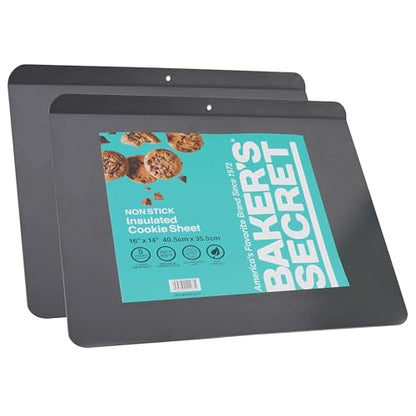Baker's Secret 2pcs Insulated Cookie Sheet Cookie Tray 16" x 14", Carbon Steel Insulated Double Wall, for Baking Roasting Cooking, Dishwasher Safe Home Baking Supplies PFOA, PFOS, PTFE free