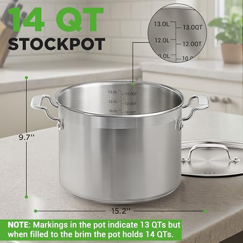 NutriChef Stainless Steel Cookware Stockpot - 14 Quart, Heavy Duty Induction Pot, Soup Pot with Stainless Steel Lid, Gas, Induction, Ceramic, Glass and Halogen Cooktops Compatible - NCSPT14Q