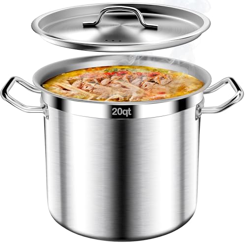 Stock Pot-20QT Stainless Steel Stockpot with Lid, Heavy Duty Tri-Ply Bottom Commercial Grade Large Stock Pot & Stockpots for Boiling Cooking Soup Stew Canning Cooking Pots,Big Stockpot, Deep Cookware