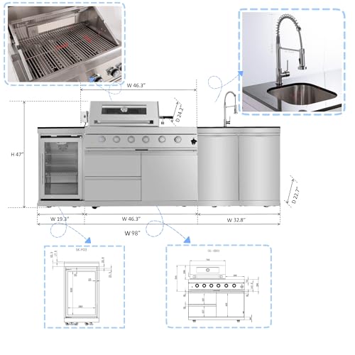 98 Inches Outdoor Kitchen Island, 4-Burner 72000 BTU Propane Stainless Steel BBQ with Side/Rear Burners, With Refrigerator and Sink, Rotisserie, Granite Countertops, Storage, For Backyard BBQ, Silver